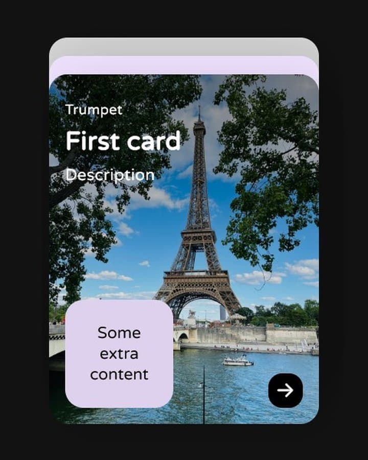 Card stack component: three stacked cards, the top one showing the Eiffel Tower